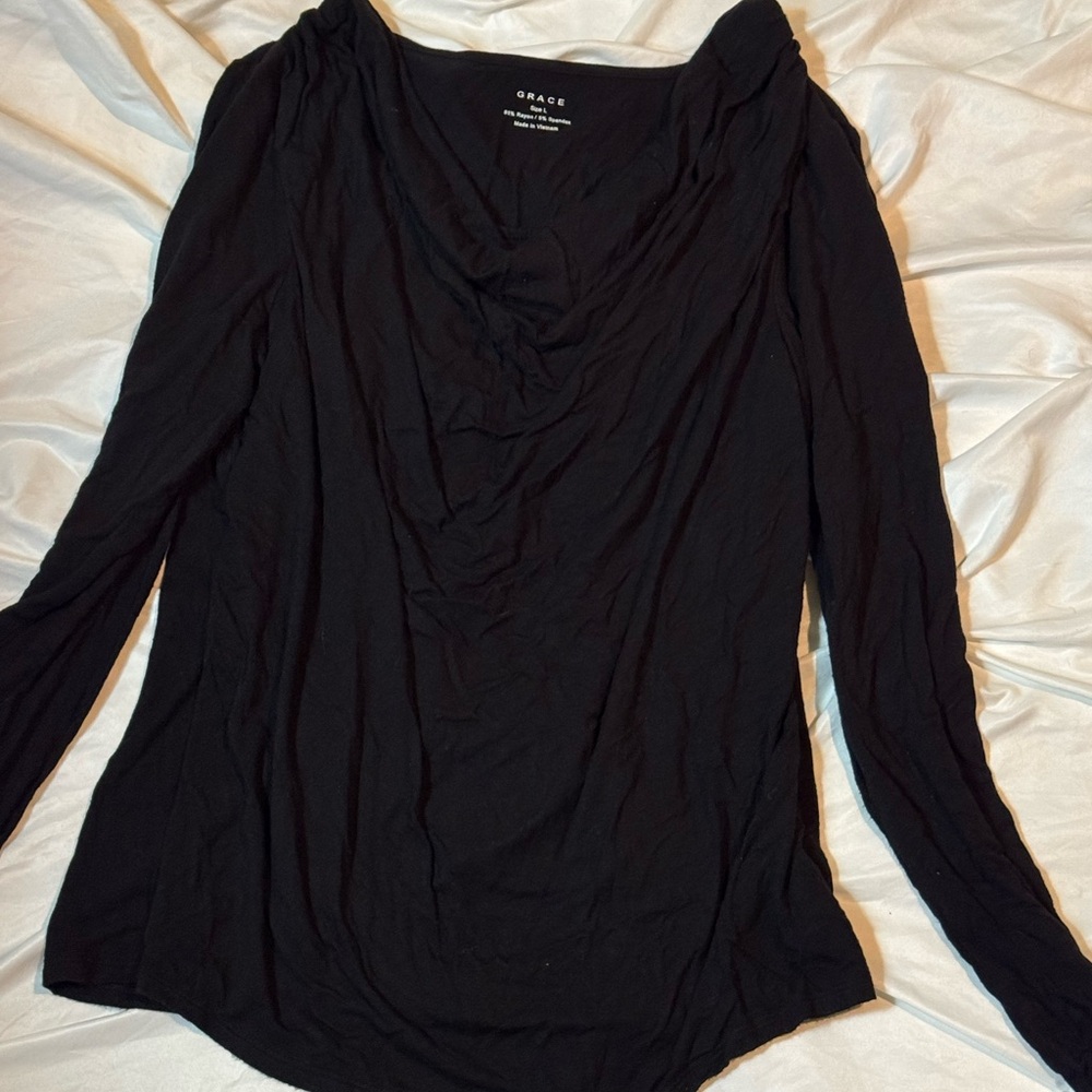 Grace Elegant Black Long Sleeve Blouse